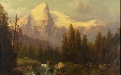 Duitse School: berglandschap met reizigers, olieverf op doek, 19e eeuw...