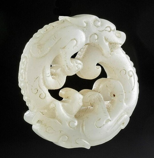 Early 20th C. Chinese White Jade Pendant Twin Dragons