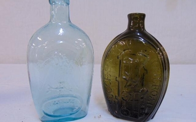 Early glass bottles, blue flask "For Pike's Peak" &