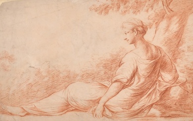 École française du XVIIIe siècle. Une dame classique couchée, Sanguine, 24,2 x 38,8 cm (9,5...