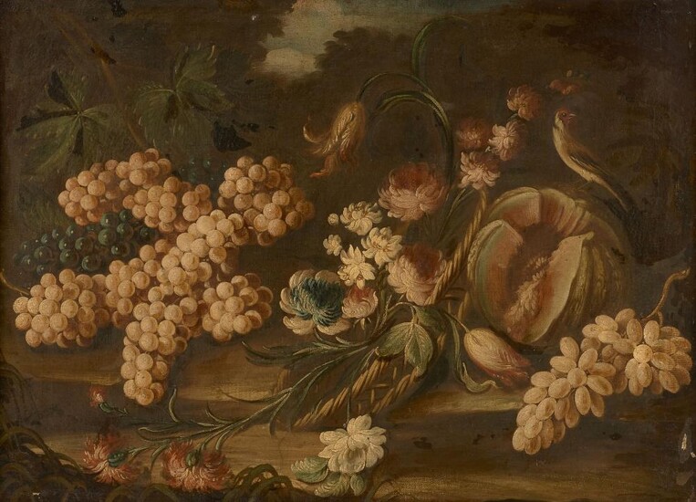 Ecole italienne du début du XVIIIe siècle Nature morte aux raisins, corbeille de fleurs et melon Huile sur toile