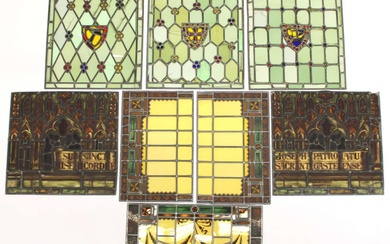 Een tweedelig glas-in-lood raam, atelier F. Nicolas en Zonen, Roermond. Daarbij zes glas-in-lood ramen.