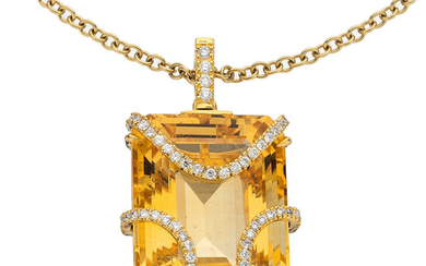 Eli Frei Citrine, Diamond, Gold Pendant-Necklace Stones: Full-cut diamonds...