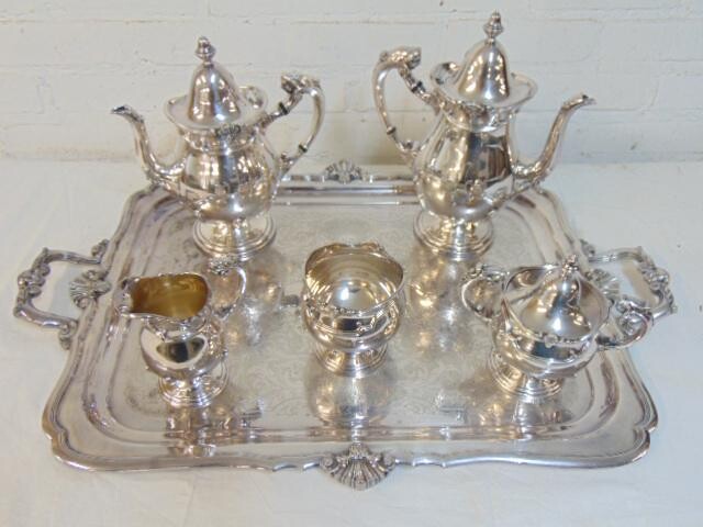 Exceptional silver plate tea set on serving tray, tea &