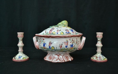 FAIENCE CHINOISERIE SOUP TUREEN & CANDLESTICKS