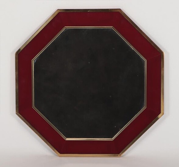 FRENCH BRASS RED LAMINATE EIGHT SIDED MIRROR 1970
