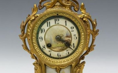 FRENCH SEVRES STYLE SCENIC ENAMELED MANTEL CLOCK