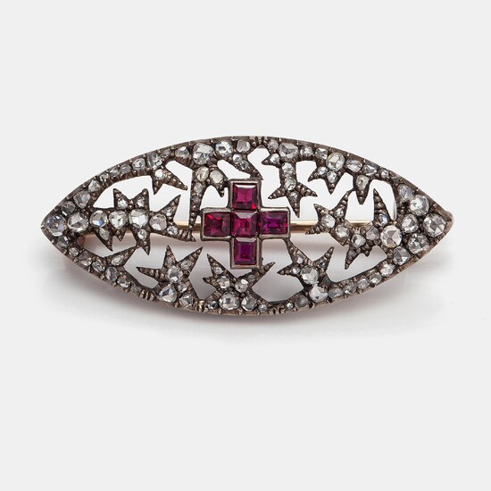Fabergé, An "Ice" brooch made of silver platinum, gold with rose-cut diamonds and rubies. Designed by Alma Pihl.