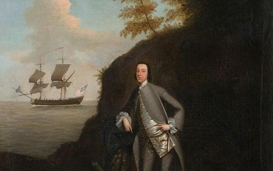 Fine 18th Century English Oil Naval Portrait of Captain & his Ship