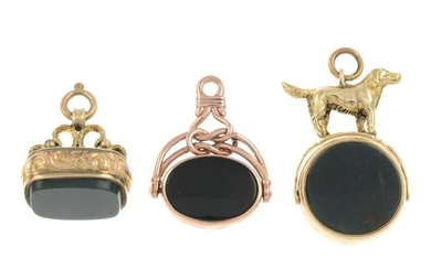 Five gem-set fobs.Gems to include bloodstone, carnelian, chrysoprase...