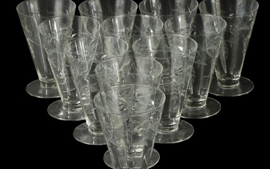 Floral and Vine Clear Etched Glass Goblets, Mid to Late 20th C.