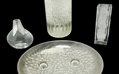 Four Glass Items Including Lalique Osumi Vase.