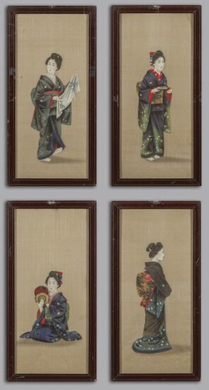 Four paintings on silk depicting oriental ladies Japan late 19th century