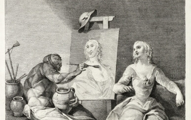 Francesco Bartolozzi (Firenze, 1728 - Lisbona, 1815), Arlechin di Pittor posto all'ufficio / Tenta rittrar di bella Donna il volto... 1760 ca.
