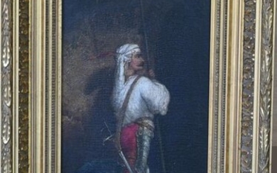 French school of the 19th century. Soldier of the Renaissance. Oil on canvas signed lower left (illegible). 41x22 cm. Gilded stucco and wood frame : 56,5x37 cm. (Old restorations and a hole).