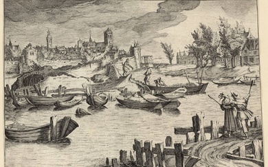 Frisius, Simon (±1580-1629). Landscape with canal and boats. Etching and...