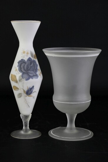 Frosted glass bud vase with floral decoration (H25.5cm) together with a frost glass goblet vase (H19.5cm)