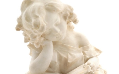 G. Pochini: A carved white alabaster bust of a reading girl. Signed G. Pochini. H. 30 cm.