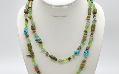 GEMSTONE NECKLACE MADE OF JASPER, TURQUOISE AND GLASS, ENDLESS NECKLACE, VINTAGE, CA. 118 CM.