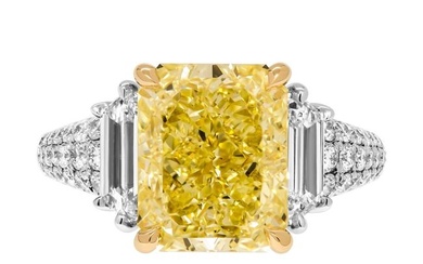 GIA Certified 3 Stone Ring with 5.38ct Natural Fancy Yellow Even VS1 Radiant