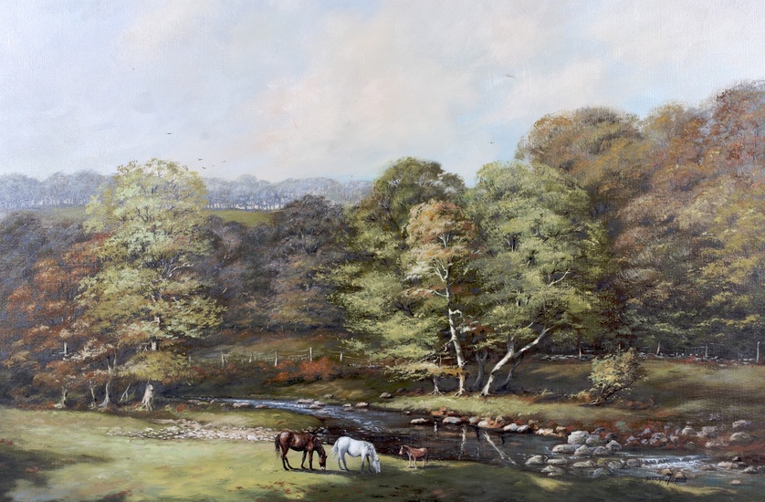 George Horne (20th Century), horses in river landscape, oil on canvas. Signed lower right, framed, 74.5cm x 50cm
