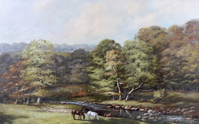 George Horne (20th Century), horses in river landscape, oil on canvas. Signed lower right, framed, 74.5cm x 50cm