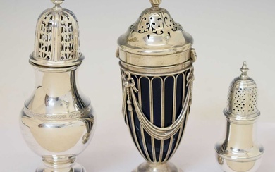 George II silver pepperette, George V sugar sifter, and an Edward VII vase-shaped sifter