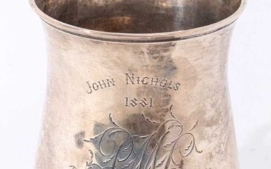 George II silver tankard of baluster form with engraved inscription and initials 'John Nichols 1881', with scroll handle, on circular foot, (London 1757)