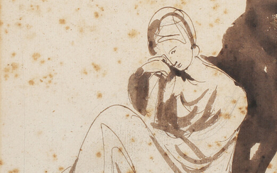 "George Romney - Study of a Seated Lady, 18th century pen and brush with ink over pencil on lai
