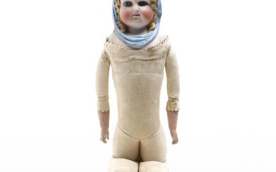 German Tinted Bisque Blue Scarf Doll with Kid Leather Body, Late 19th Century