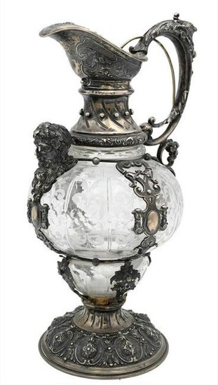 German Rococo Figural Silver and Etched Glass Claret