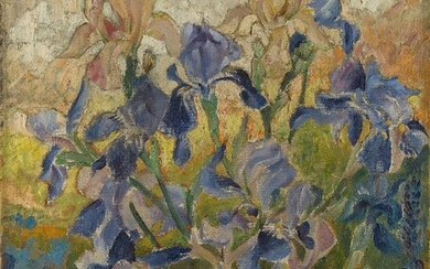 German School, early-mid 20th century- Irises (recto), unfinished figure composition (verso), 1934; oil on canvas, signed indistinctly and dated upper left, 49 x 40.5 cm (unframed)