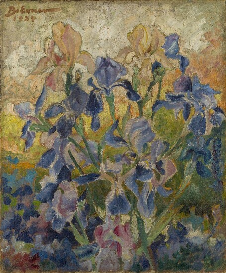 German School, early-mid 20th century- Irises (recto), unfinished figure composition (verso), 1934; oil on canvas, signed indistinctly and dated upper left, 49 x 40.5 cm (unframed)