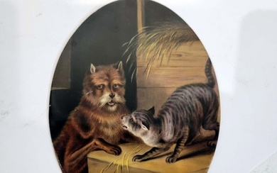 German porcelain plaque of cat and dog