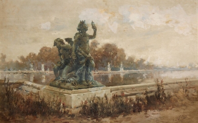 NON VENUGilbert GALLAND (1870-1956) Le parc de Versailles Huile sur panneau signée en bas à droite 61,5 x 95 cm.