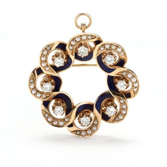 Gold, Diamond, Enamel, and Seed Pearl Circle Pendant /