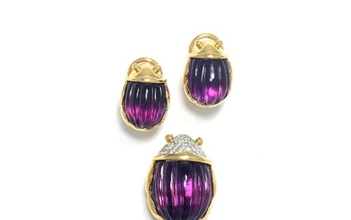 Gold, Platinum, Fluted Amethyst and Diamond Beetle Pin and Pair of Earclips, Tiffany & Co.