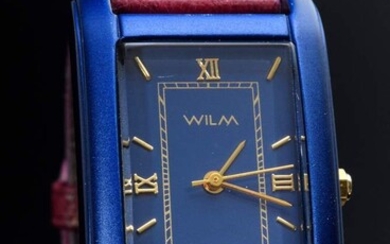 Gold-plated Wilm wristwatch "B-Watch", blue oxidised aluminium in tank form, quartz movement, large second hand, date display, red ostrich leather strap with gold-plated Wempe pin buckle, circa 1999, Movement Nr. FE7020/22, 4.1x2.6cm, traces of...