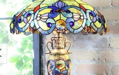 Grand Tiffany-style Stained Glass Victorian Double-lit Table Lamp