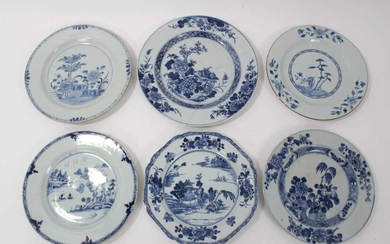 Group of six 18th century Chinese blue and white plates