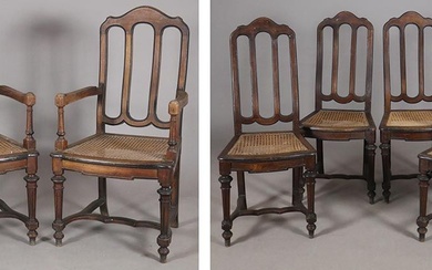 Gruppo di quattro sedie e due capotavola in legno di noce