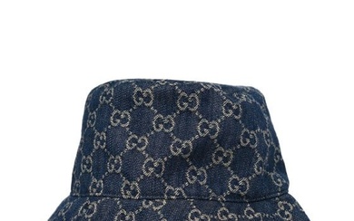 Gucci Washed Jacquard Denim Nappa GG Monogram Oscar Bucket Hat L Denim Cuir