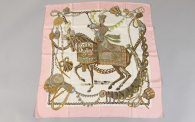 HERMES BROWN, GREY AND WHITE SILK "CARRE" SCARF WITH PALE...