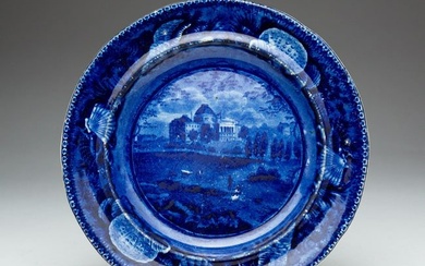 HISTORICAL STAFFORDSHIRE AMERICAN VIEW OF WASHINGTON BLUE TRANSFER PLATE.