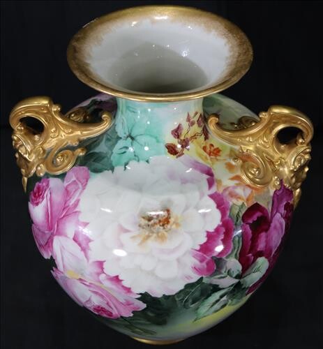 Hand painted vase with flowers and gold paint