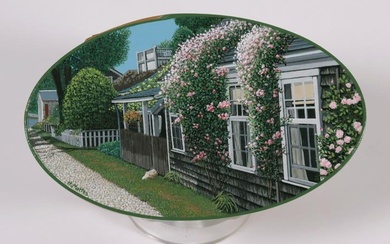 Harriet Mottes Finely Painted Cherry Shaker Box "Nantucket Rose Covered Cottages"