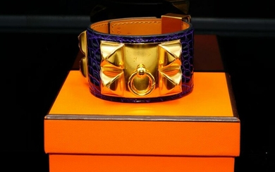 Hermes Collier de Chien Blue Shiny Alligator Bracelet