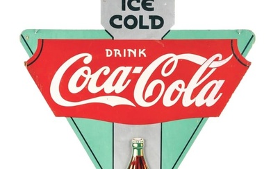 ICE COLD DRINK COCA-COLA SINGLE-SIDED MASONITE SIGN W/ BOTTLE ATTACHMENT