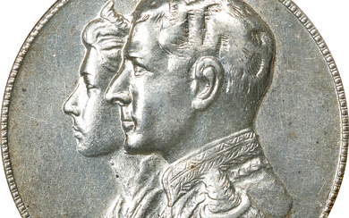 IRAN. Silver Medal, SH 1335 (1956). Muhammad Reza Pahlavi. ANACS AU-58.
