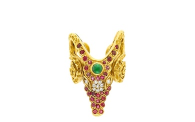Ilias Lalaounis, Zolotas Gold, Cabochon Emerald, Ruby and Diamond Ram's Head Ring